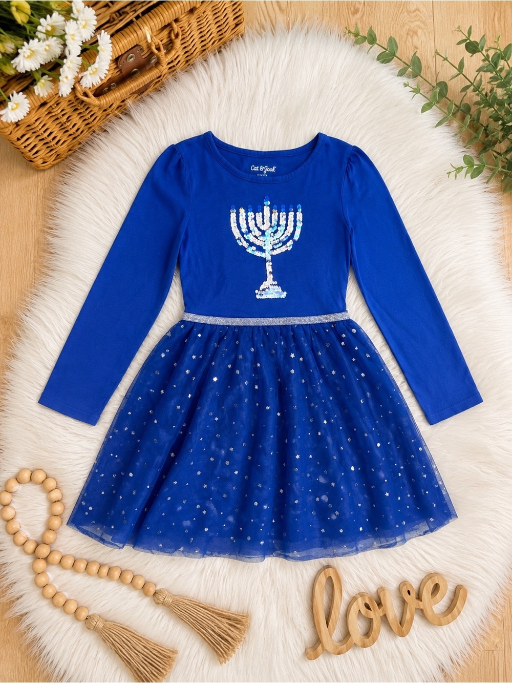 Cat & Jack Girls' Hanukkah Tulle Dress Size Small 6/6X Long Sleeves Blue